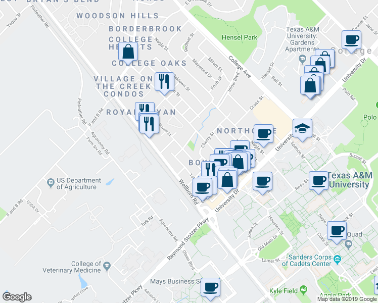 map of restaurants, bars, coffee shops, grocery stores, and more near 306 Spruce Street in College Station