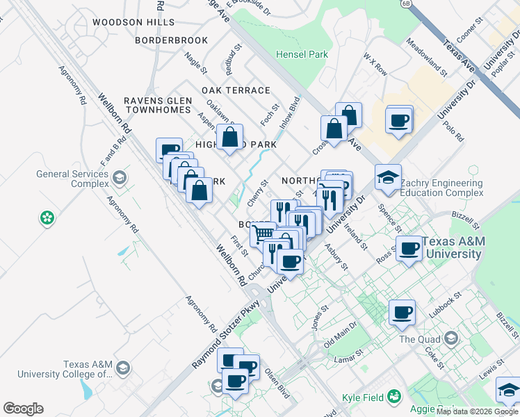 map of restaurants, bars, coffee shops, grocery stores, and more near 407 College Main in College Station