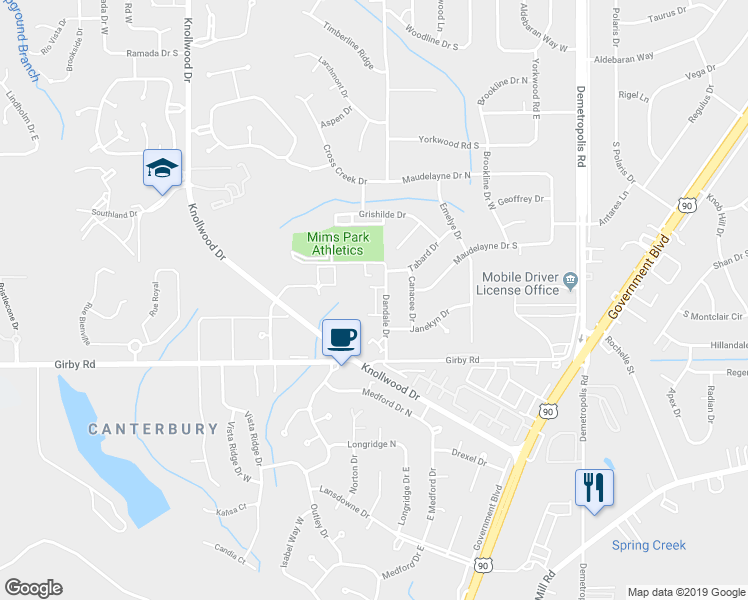 map of restaurants, bars, coffee shops, grocery stores, and more near 3400 Dandale Drive in Mobile