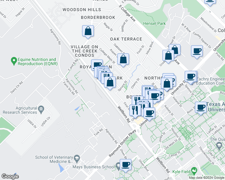 map of restaurants, bars, coffee shops, grocery stores, and more near 807 Natalie Street in Bryan