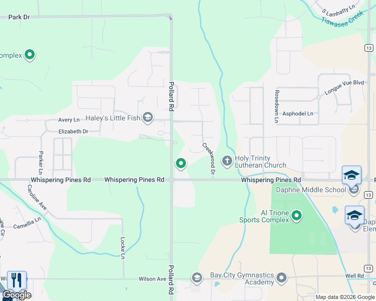 map of restaurants, bars, coffee shops, grocery stores, and more near 27154 Pollard Road in Daphne