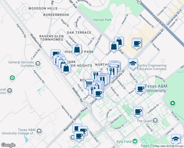 map of restaurants, bars, coffee shops, grocery stores, and more near 410 College Main Street in College Station