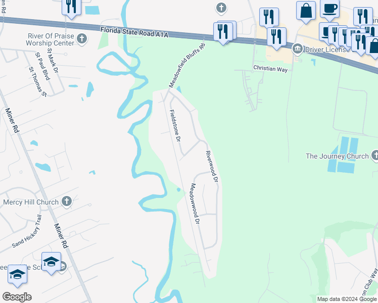 map of restaurants, bars, coffee shops, grocery stores, and more near Creekwood Drive in Yulee