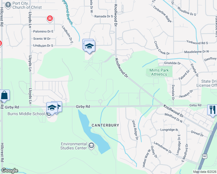 map of restaurants, bars, coffee shops, grocery stores, and more near 3467 Rue Royal in Mobile