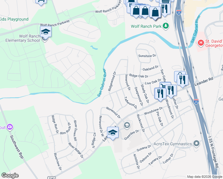 map of restaurants, bars, coffee shops, grocery stores, and more near 204 Ridgewood Drive in Georgetown