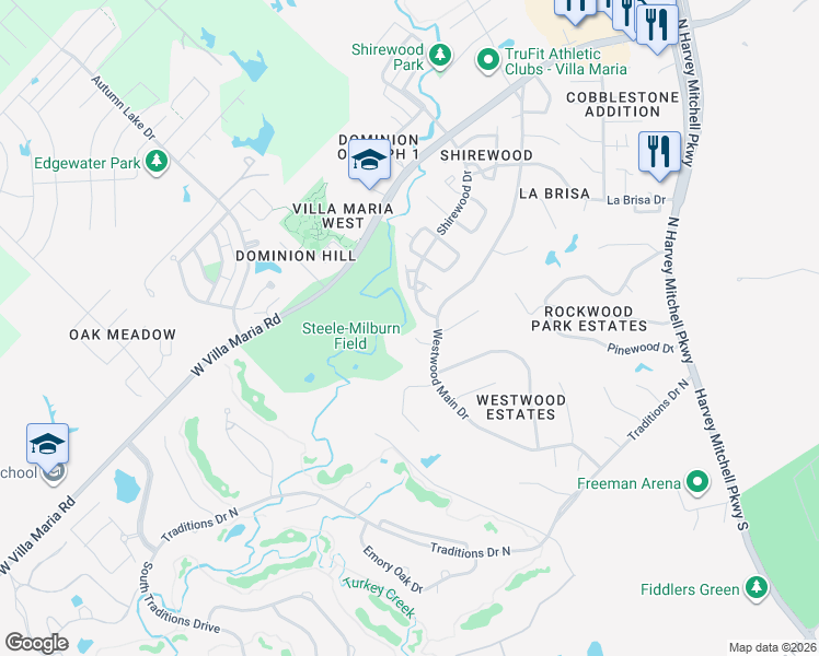map of restaurants, bars, coffee shops, grocery stores, and more near 2812 Shirewood Drive in Bryan