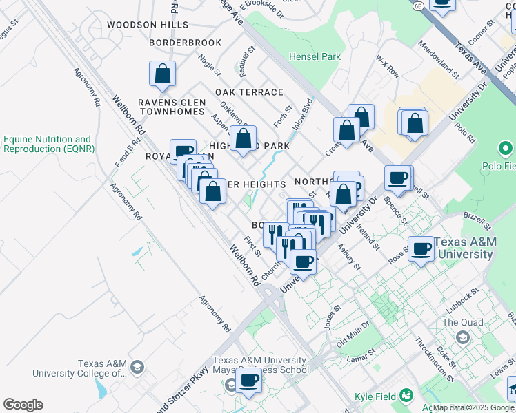map of restaurants, bars, coffee shops, grocery stores, and more near 306 Spruce Street in College Station