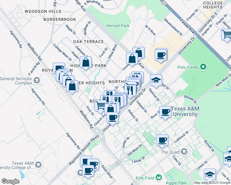 map of restaurants, bars, coffee shops, grocery stores, and more near 400 Tauber Street in College Station