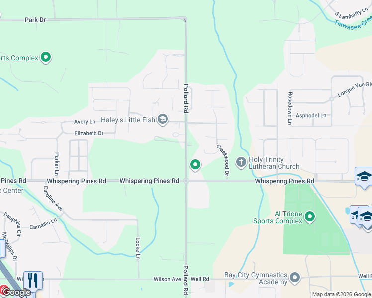 map of restaurants, bars, coffee shops, grocery stores, and more near 26920 Pollard Road in Daphne