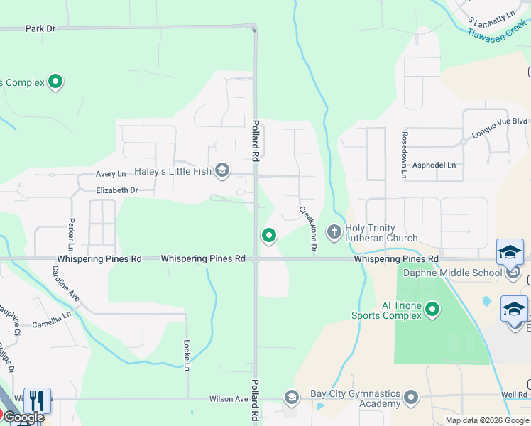map of restaurants, bars, coffee shops, grocery stores, and more near 27154 Pollard Road in Daphne