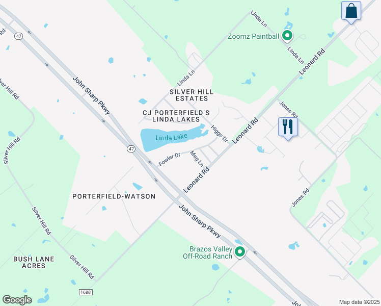 map of restaurants, bars, coffee shops, grocery stores, and more near 5696 Meg Lane in Bryan