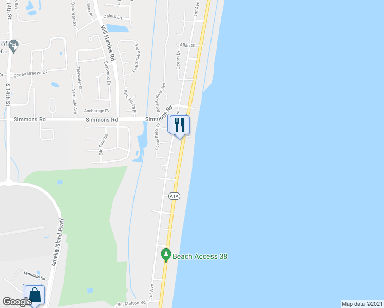 map of restaurants, bars, coffee shops, grocery stores, and more near 3240 South Fletcher Avenue in Fernandina Beach
