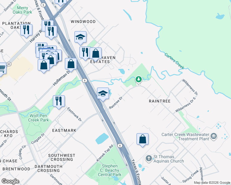 map of restaurants, bars, coffee shops, grocery stores, and more near 7700 Gettysburg Court in College Station