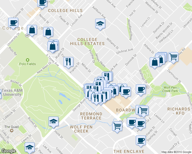 map of restaurants, bars, coffee shops, grocery stores, and more near 1306 Milner Drive in College Station
