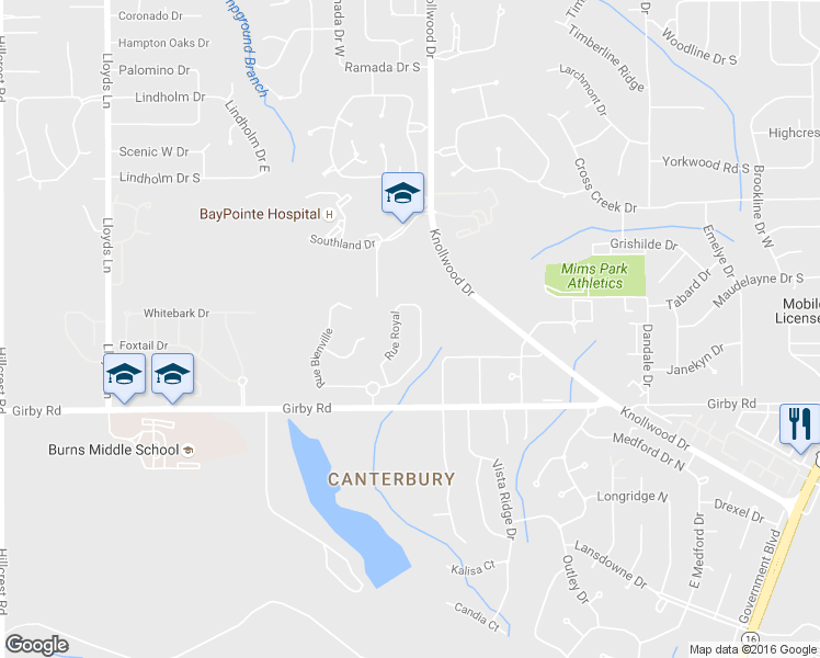 map of restaurants, bars, coffee shops, grocery stores, and more near 3467 Rue Royal in Mobile