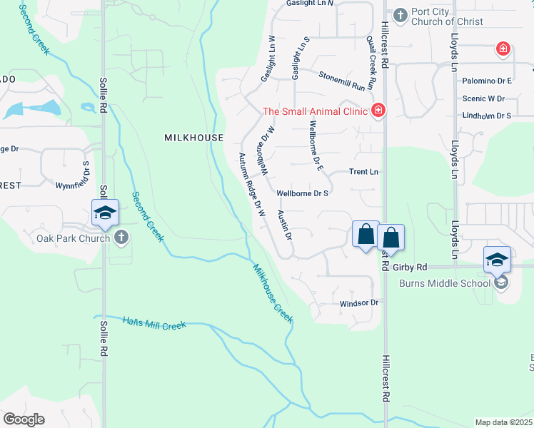 map of restaurants, bars, coffee shops, grocery stores, and more near 3241 Autumn Ridge Drive West in Mobile