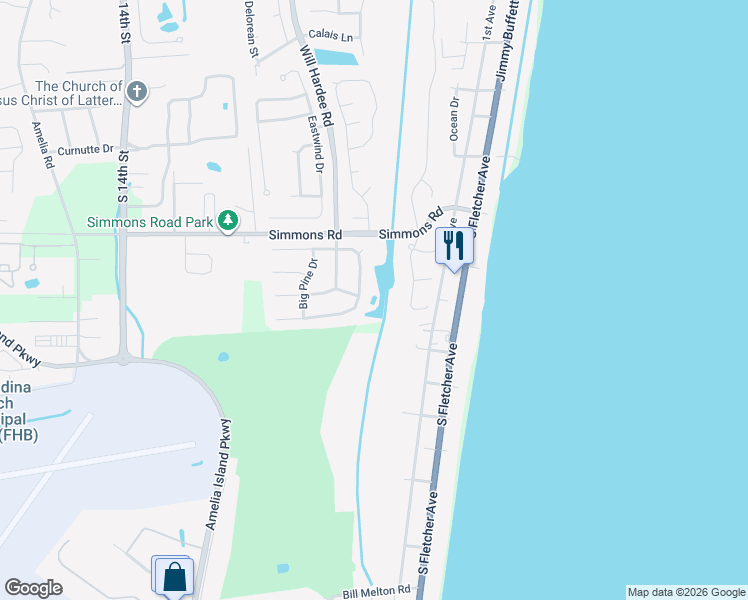 map of restaurants, bars, coffee shops, grocery stores, and more near 2144 Lakeside Drive North in Fernandina Beach