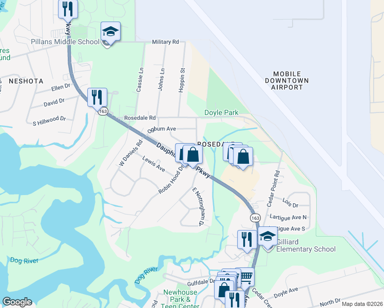 map of restaurants, bars, coffee shops, grocery stores, and more near 2460 Coley Dr in Mobile