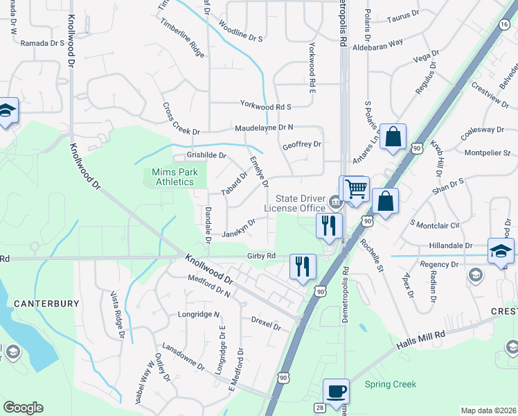 map of restaurants, bars, coffee shops, grocery stores, and more near 3320 Emelye Drive in Mobile