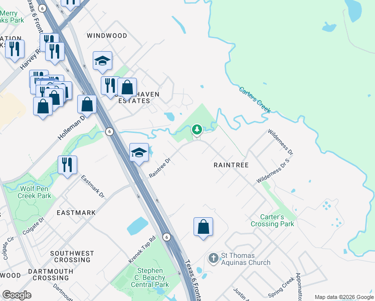 map of restaurants, bars, coffee shops, grocery stores, and more near 2502 Raintree Drive in College Station
