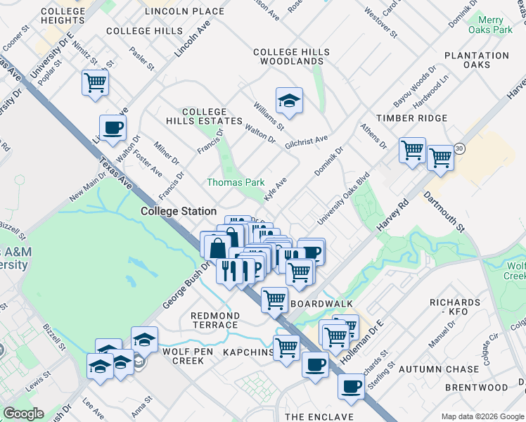 map of restaurants, bars, coffee shops, grocery stores, and more near 318 Kyle Avenue in College Station