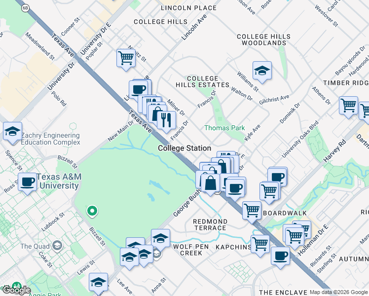 map of restaurants, bars, coffee shops, grocery stores, and more near in College Station