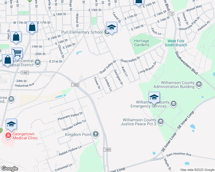 map of restaurants, bars, coffee shops, grocery stores, and more near 1042 London Lane in Georgetown