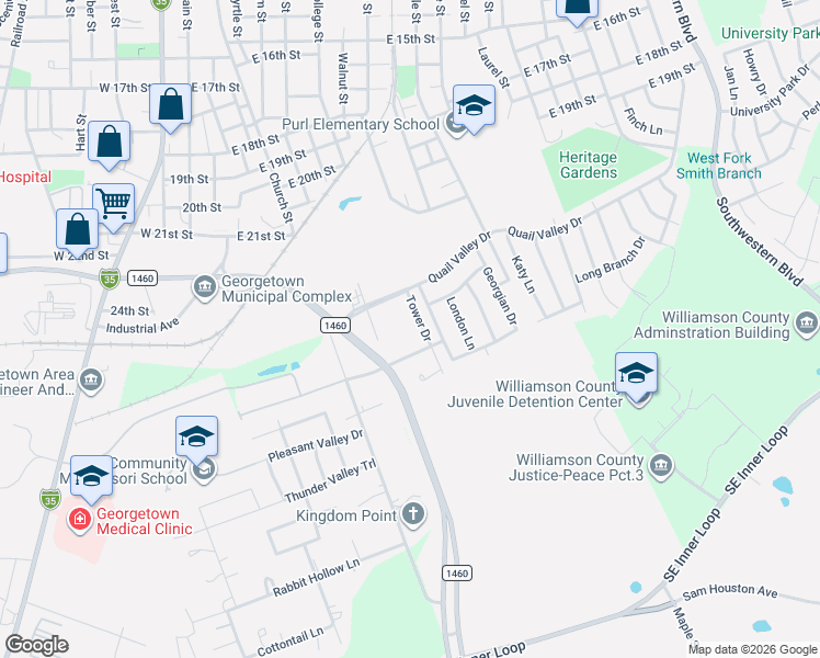 map of restaurants, bars, coffee shops, grocery stores, and more near 2200 Tower Drive in Georgetown