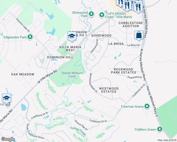 map of restaurants, bars, coffee shops, grocery stores, and more near 2812 Shirewood Dr in Bryan
