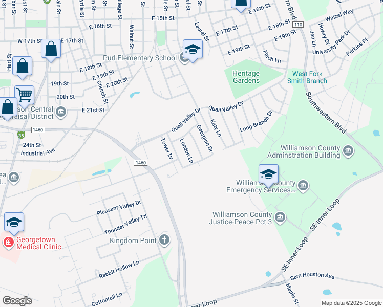 map of restaurants, bars, coffee shops, grocery stores, and more near 1049 London Lane in Georgetown