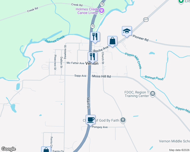 map of restaurants, bars, coffee shops, grocery stores, and more near 2904 Moss Hill Road in Vernon