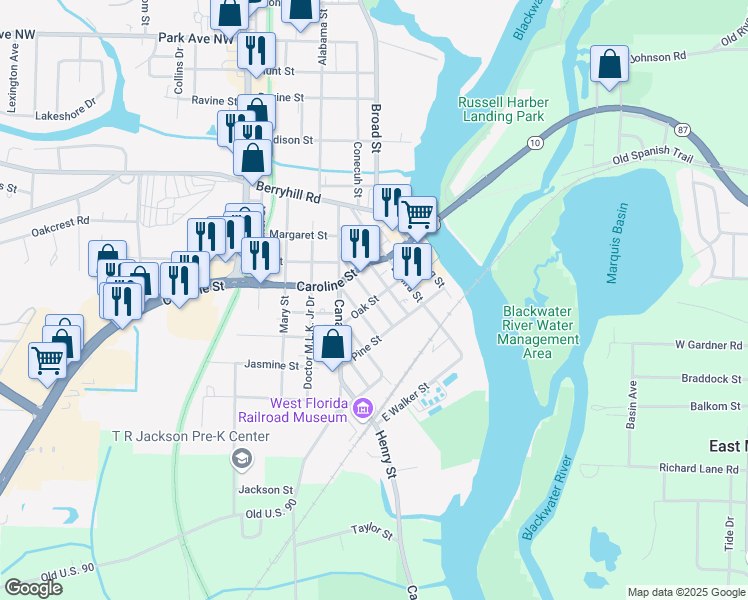map of restaurants, bars, coffee shops, grocery stores, and more near Oak Street in Milton