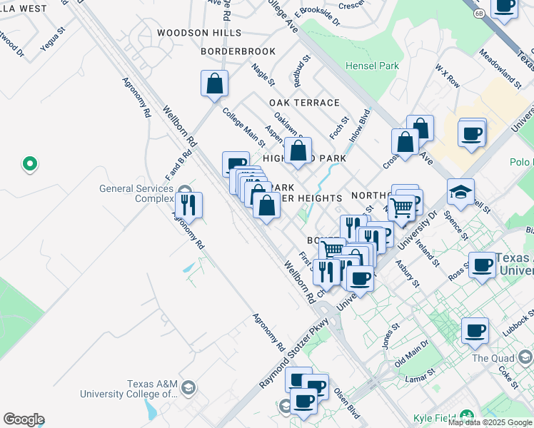 map of restaurants, bars, coffee shops, grocery stores, and more near 4345 Wellborn Road in Bryan