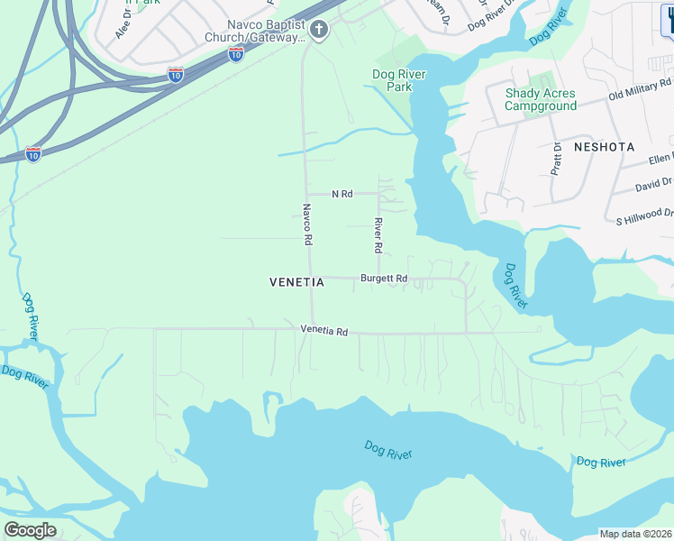 map of restaurants, bars, coffee shops, grocery stores, and more near 2374 Burgett Road in Mobile