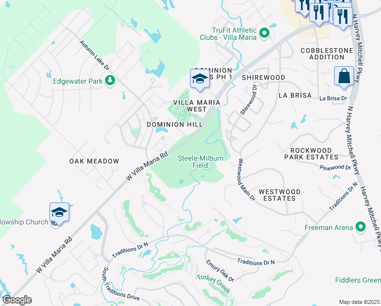 map of restaurants, bars, coffee shops, grocery stores, and more near 2551 West Villa Maria Road in Bryan