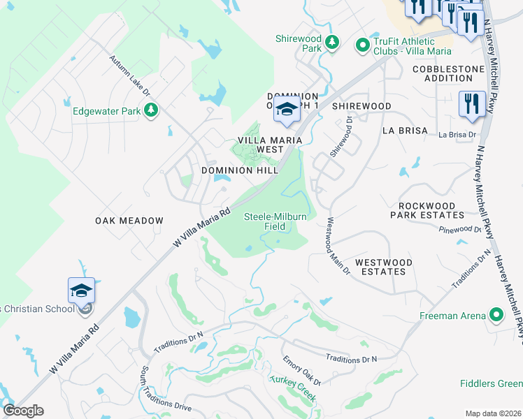map of restaurants, bars, coffee shops, grocery stores, and more near 2551 West Villa Maria Road in Bryan