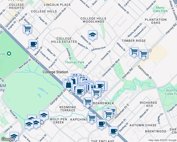 map of restaurants, bars, coffee shops, grocery stores, and more near 401 Dominik Drive in College Station