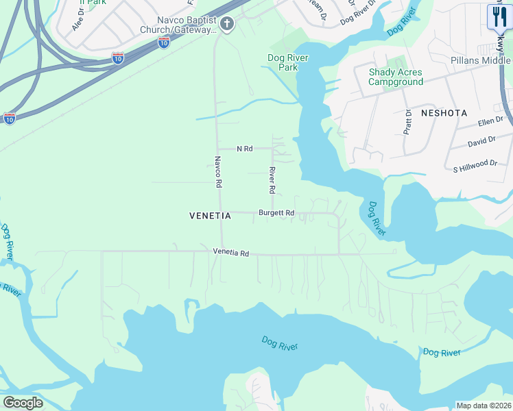 map of restaurants, bars, coffee shops, grocery stores, and more near 2362 Burgett Road in Mobile