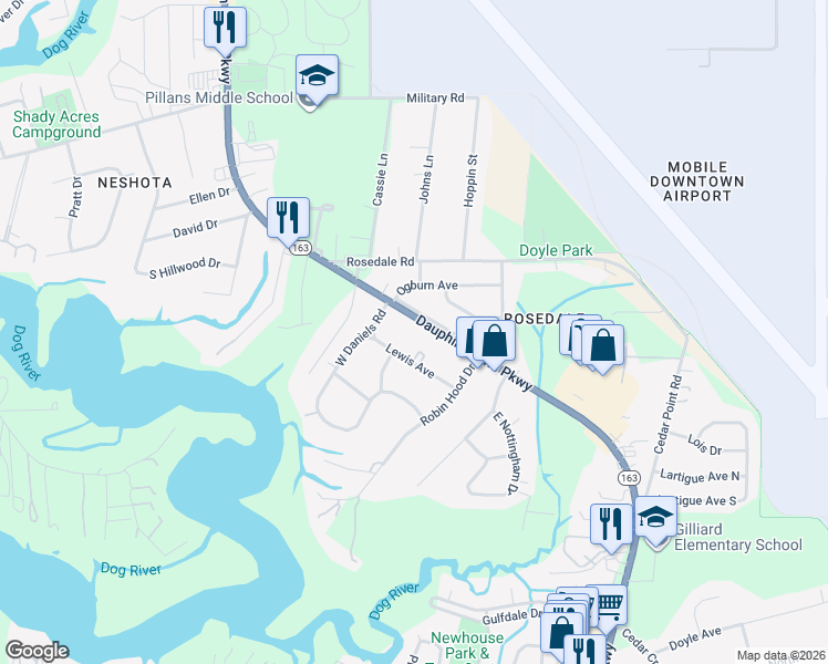 map of restaurants, bars, coffee shops, grocery stores, and more near 2410 Dauphin Island Parkway in Mobile