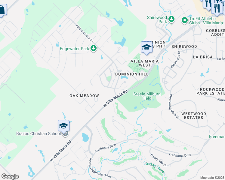 map of restaurants, bars, coffee shops, grocery stores, and more near Autumn Lake Drive in Bryan