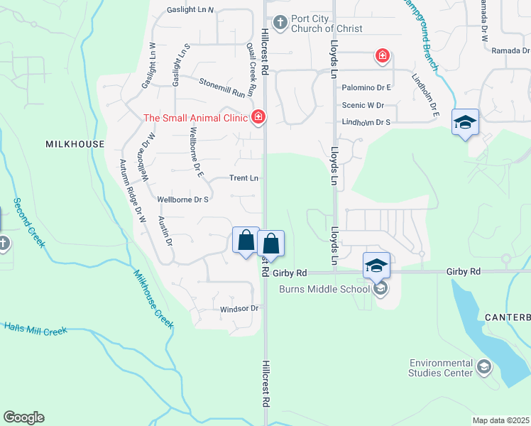 map of restaurants, bars, coffee shops, grocery stores, and more near 2939 Hillcrest Road in Mobile