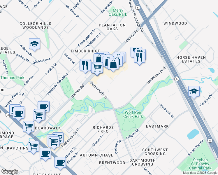 map of restaurants, bars, coffee shops, grocery stores, and more near 1907 Dartmouth Street in College Station