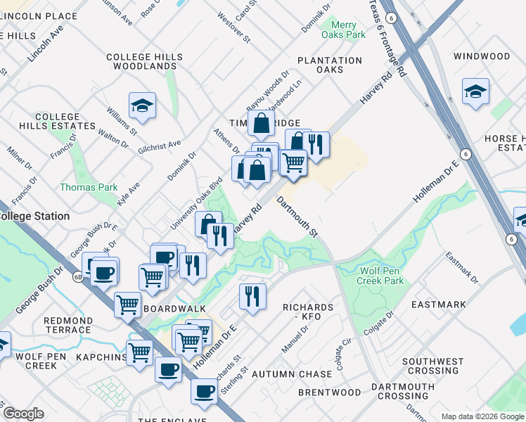 map of restaurants, bars, coffee shops, grocery stores, and more near 732 Harvey Road in College Station