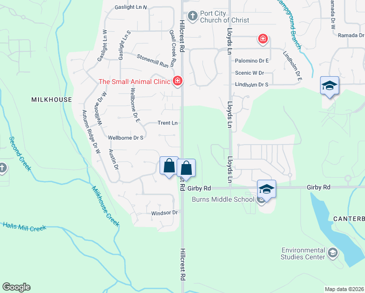 map of restaurants, bars, coffee shops, grocery stores, and more near 2914 Hillcrest Road in Mobile