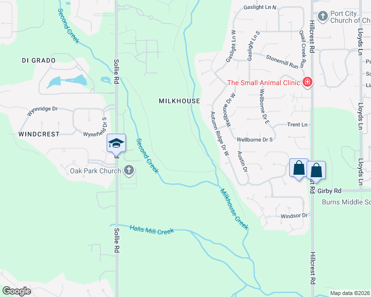 map of restaurants, bars, coffee shops, grocery stores, and more near 3216 Autumn Ridge Drive West in Mobile