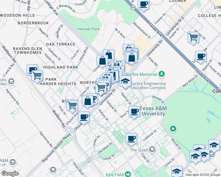 map of restaurants, bars, coffee shops, grocery stores, and more near 717 University Drive in College Station