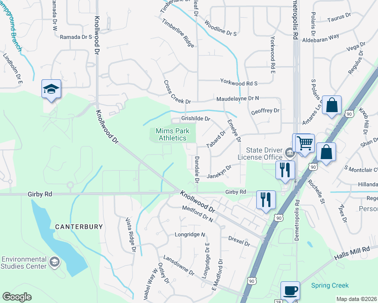 map of restaurants, bars, coffee shops, grocery stores, and more near 5367 Dandale Drive in Mobile