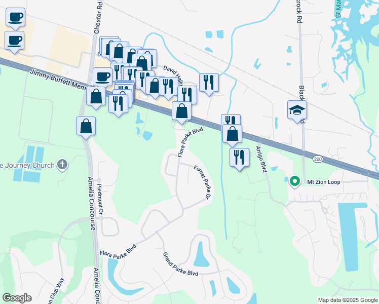 map of restaurants, bars, coffee shops, grocery stores, and more near 24061 Flora Parke Boulevard in Fernandina Beach