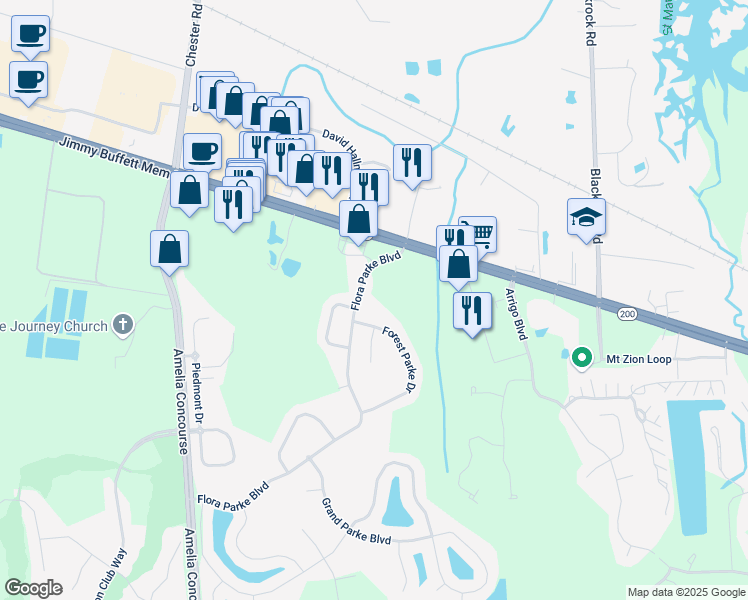 map of restaurants, bars, coffee shops, grocery stores, and more near 24061 Flora Parke Boulevard in Fernandina Beach