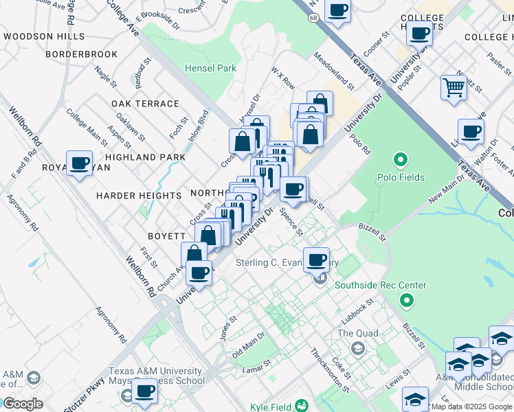 map of restaurants, bars, coffee shops, grocery stores, and more near 711 University Drive in College Station